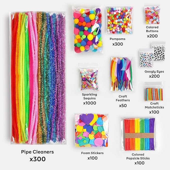 FUNZBO 2000Pcs+ Arts & Crafts Supplies Kits for Kids, Easter DIY Craft Supplies for Toddlers Art Supply Tools Set Pipe Cleaners, Pom Poms and Feather, Birthday Gifts for Kid Girls Ages 4-8-12
