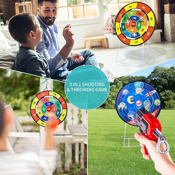 Double-Sided Dart Board Garden Game for Kids, 29 Inch Dartboard Standing & Hanging Shooting Toy Set with 2 Toy Guns, Indoor Outdoor Garden Carnival Party Game Fun for 3 4 5 6 7 8+ Year Old Boys Girls