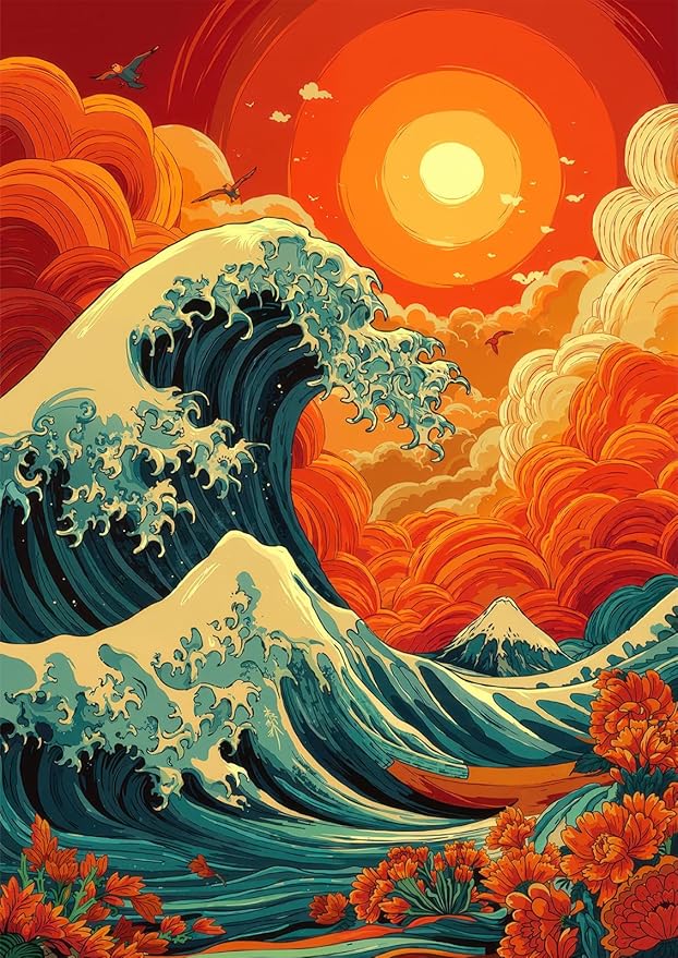 Japanese Great Wave 1000 Piece Puzzle for Adults - Ukiyo-e Style Wave & Red Sun Mountain Art, Poster & Lettered Back, 20"x28" HD, Gift for Japanese Art & Nature Lovers