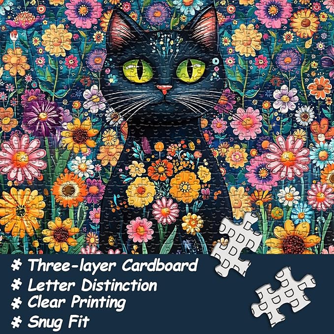 Cat Jigsaw Puzzle for Adults 1000 Pieces, Black Cat Garden Flowers Plants, Kitten Animal Themed Puzzle, Challenging for Adults Kitty
