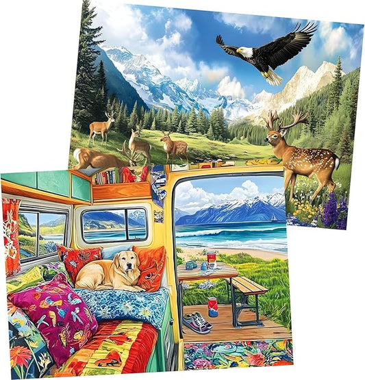 2 Pack 500 Pieces Puzzle for Adults,Grassland Snow Mountain Scenery Puzzles,Deer Jigsaw Puzzles 500 Pieces,RV Travel Puzzles 500 Piece Adult Puzzle Challenging Family Activity Great Gift