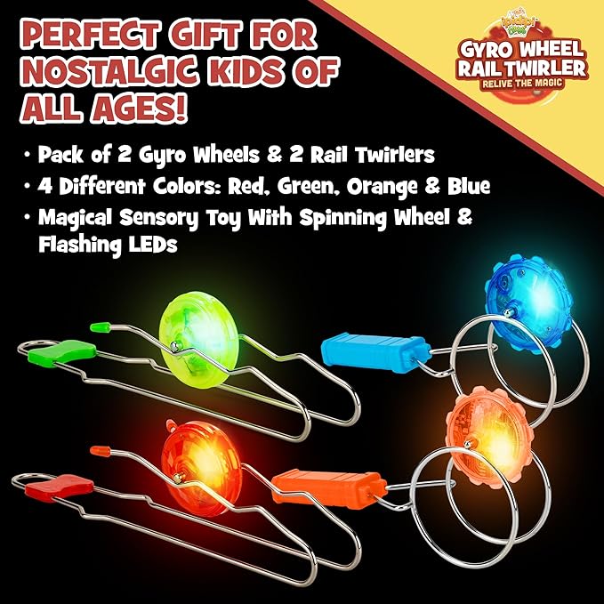 IPIDIPI TOYS Retro Magic Rail & Gyro Wheel Twirlers – 4-Pack (2 Rail Twirlers, 2 Gyro Wheels) Light Up Magnetic Spinning Toys, Classic Vintage Fidget Toys, Party Favors Easter Basket Stuffers for Kids