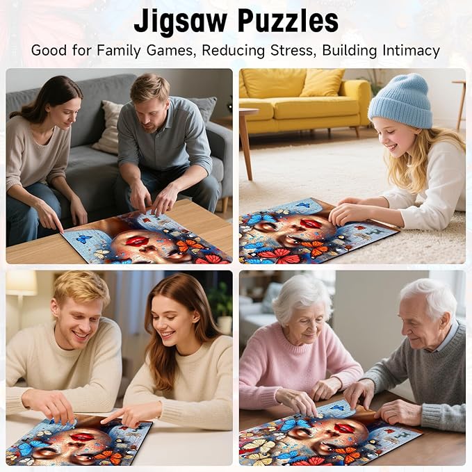 Butterfly Woman Face Puzzles for Adults 1000 Pieces, High Difficulty Surreal Abstract Portrait Art Jigsaw Puzzle with Letters on Back, 20x28 Unique Wall Decor & Family Game, Easter