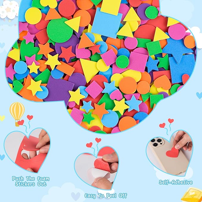1600 Pcs Foam Stickers 16 Sheets Foam Shapes Sticker Self Adhesive,Star Sticker for Crafts Supplies Geometric Stickers for Crafts DIY Arts Project Star Heart Circle Triangle (16,Multicolor)