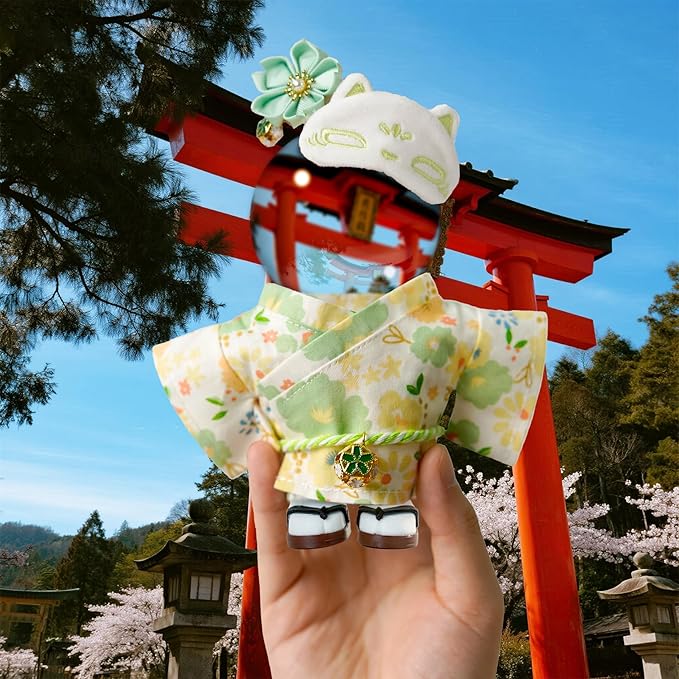 Clothes for 17cm Dolls,Outfit Accessories Kimono Set for 6.7inch Dolls Boys, Kawaii Chic Deigner Style Flower Hairbow+Green Clothing+Cute Mask+Clogs(NO Doll)