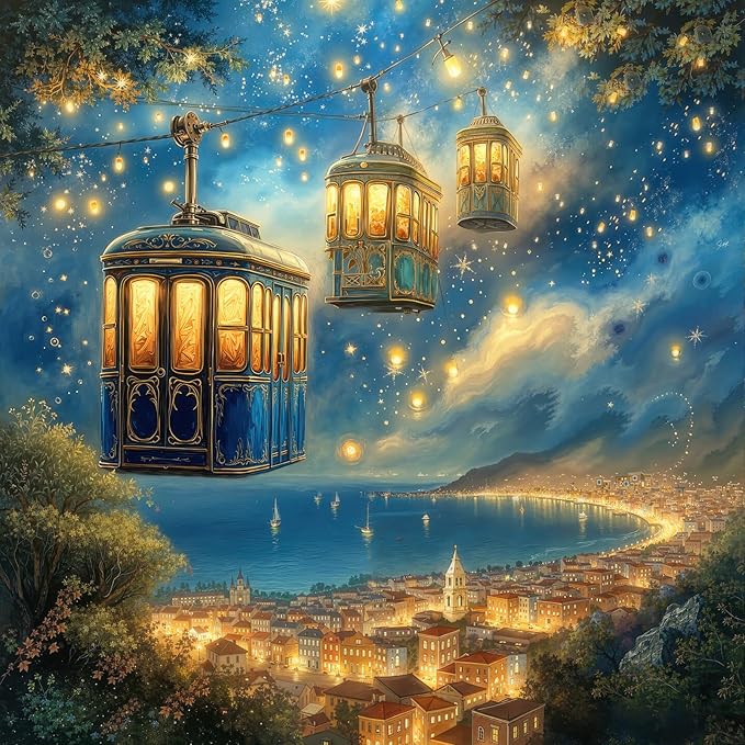 Magical Starry Sky Cable Car 1000 Piece Jigsaw Puzzle for Adults - Fantasy Coastal Town with Glowing Lights, Poster & Lettered Back, 22.8" Square HD Quality, Unique Gift for Travel & Fantasy Lovers