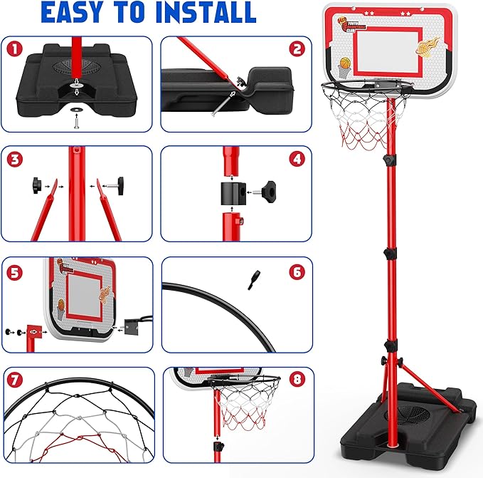 4 in 1 Kids Basketball Hoop and T-Ball Set - Adjustable Hanging T-Ball Stand with Automatic Pitching Machine, Indoor Outdoor Sports Toys, Christmas Birthday Gifts for Boys Girls Ages 3-8