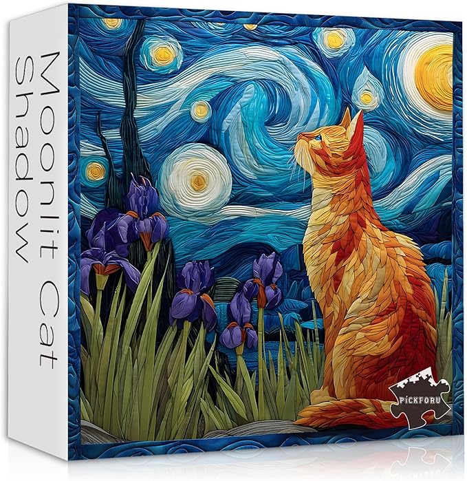 Cat Puzzles for Adults 1000 Pieces, PICKFORU Starry Night Animal Kitten Puzzle, Van Gogh Plant Flower Kitty Challenge Jigsaw Puzzle Scenic
