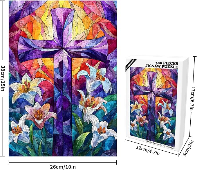 Great Jigsaw Puzzles for Adults 300 Pieces Stained Glass Cross Lily Religious Puzzles for Adults Toys Gift Family Decoration Kids Puzzle