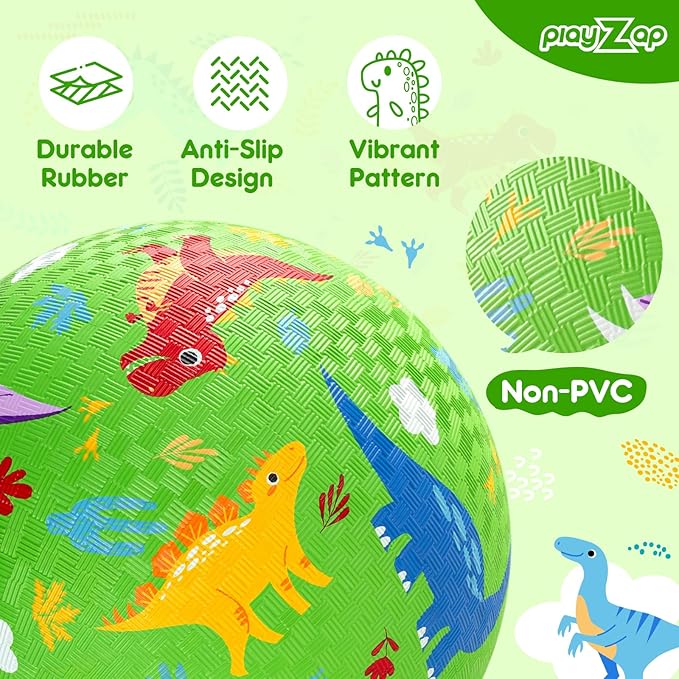 PlayZap 2 Pack Playground Balls for Toddlers, Dinosaur Kickballs for Kids 3-12, 8.5" Rubber Bouncy Balls with Pump, Indoor & Outdoor Dodgeball Toys for Boys & Girls Gifts