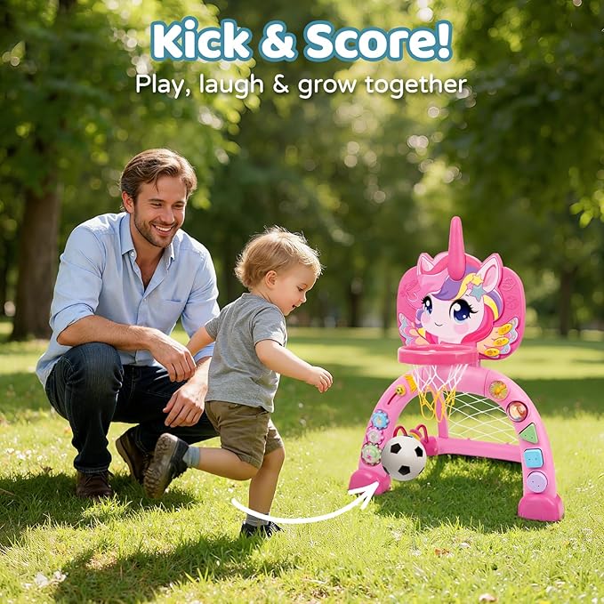 Basketball Hoop & Soccer Goal for Toddlers – 3-in-1 Sports Play Set with Ring Toss | Indoor Outdoor Activity Toy for 1 2 3 Year Old Boys | Birthday for Active Play (Pink)