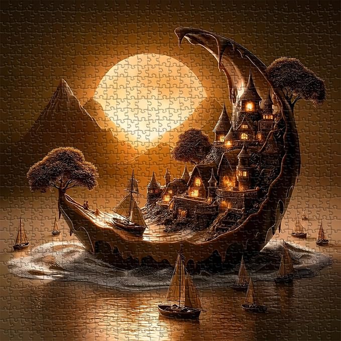 Fantasy Landscape Puzzle for Adults 1000 Pieces, PICKFORU Moonlit Haven Moon Village Puzzles，Nature Scenery with Boats Lanterns, Night Scene Jigsaw Puzzles Scenic