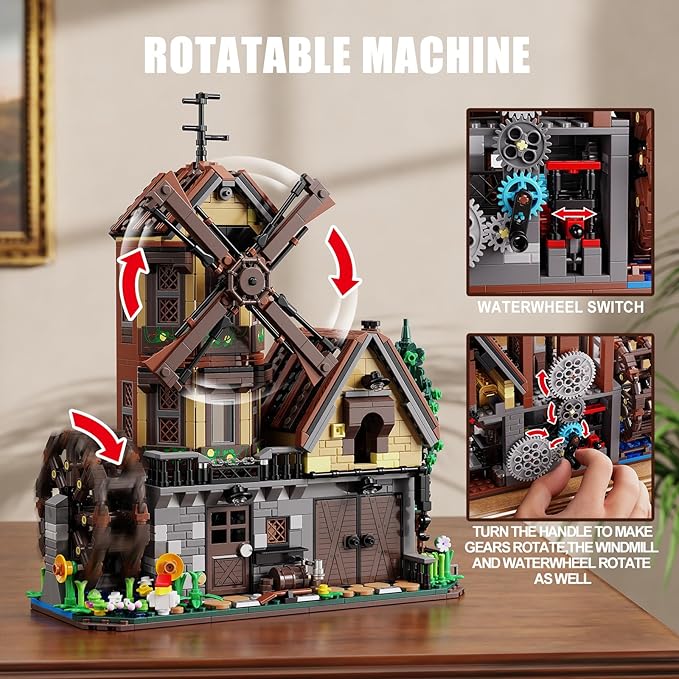 Wood Cabin Building Set with Light, Mechanical Farm House Building Block Toys with Rotating Windmill Waterwheel Castle Architecture Model Set 1436 Pcs for Adults Teens Kids Boys Girls 10-12+