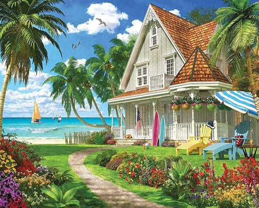 White Mountain 1000 Piece Jigsaw Puzzle Summer Ocean Beach Scene Puzzles with Large Pieces Gift for Adults and Family 24"x30" - Beach House