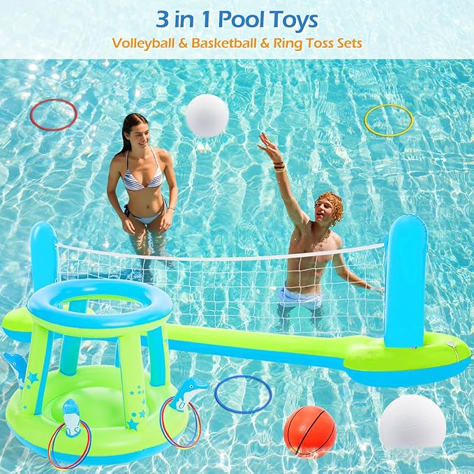 Jasonwell Pool Toys Games Set - 3 in 1 Pool Volleyball Net Basketball Hoop Ring Toss Game Inflatable Floats Water Floating Volleyball Swimming Pools Games Party Gift for Kids Adults (Green&Blue, XL)