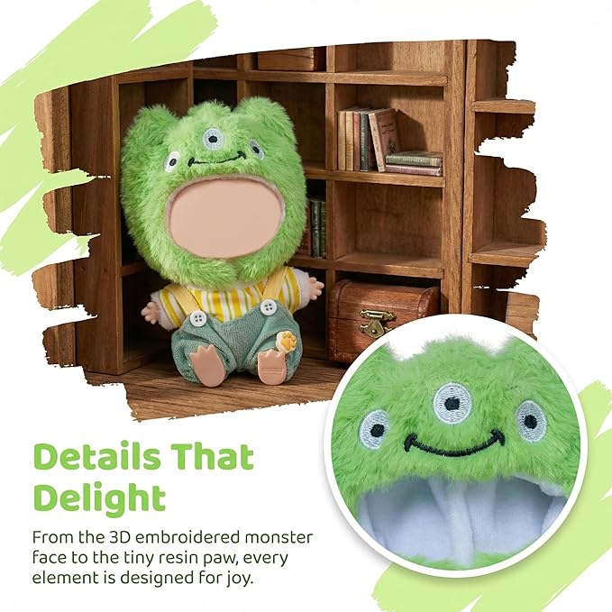 Clothes for Labubu 17cm Doll (NO Doll), 5 Piece Labubu Clothes Set, Cute Labubu Outfits with Accessories, Handmade Crochet La Bubu Doll Dress Up Set（Keroppi）
