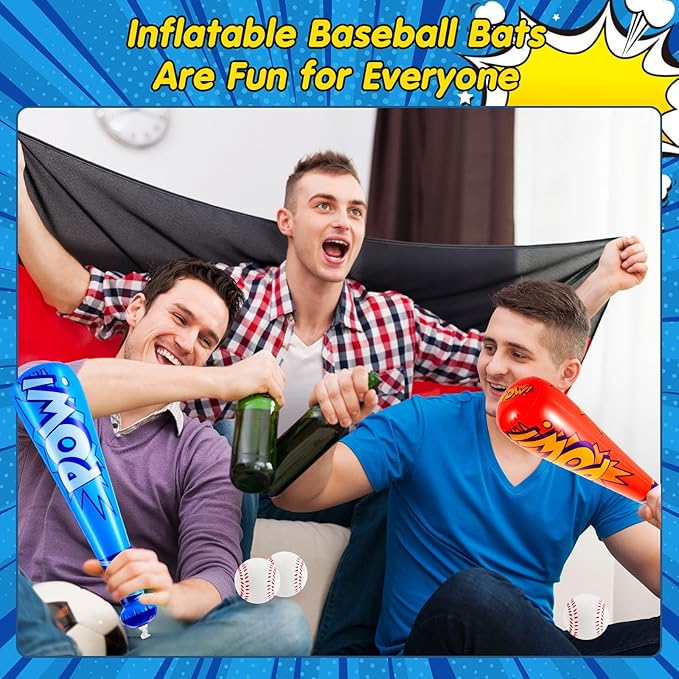 Seematn 24 Sets Inflatable Baseball Bats and Baseballs Set Includes 17 Inch Pow Inflatable Baseball Bats and 2.5 Inch Mini Foam Baseballs for Sports Party Favor Carnival Birthday (Candy Colors)