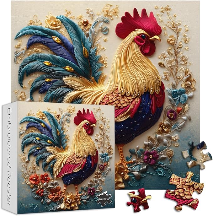 PICKFORU Rooster 1000 Piece Puzzle for Adults, Embroidery Art Chicken Jigsaw Puzzles Flower, Sewing Animal Theme Puzzle