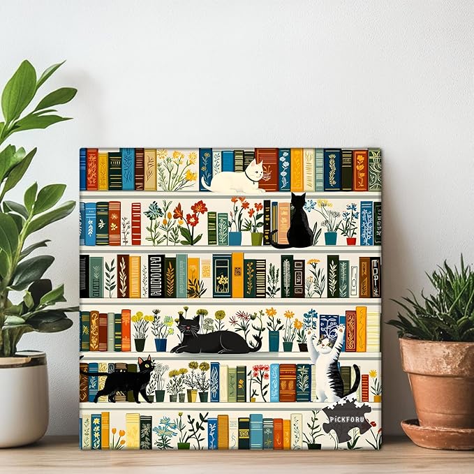 Retro Bookshelf Book Jigsaw Puzzles 1000 Pieces, PICKFORU Vintage Cat Flower Puzzles for Adults Wildflower, Funny Cute Kitten Theme as Wall Decor