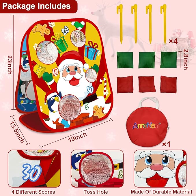 Christmas Party Games for Kids Adults Bean Bags Toss Game Double Side Collapsible Cornhole 8 Score Holes Christmas Toys Party Favors Supplies Carnival Yard Indoor Outdoor (6 Bean Bags)