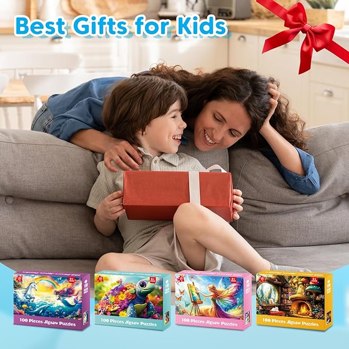 4 Packs 100 Piece Puzzles for Kids Ages 6-8 8-10, Fantasy Mermaid Unicorn Puzzle for Girls 4-6 Years Old Educational 100 Piece Large Jigsaw Puzzles, Kids Puzzles 4-6 Toys Gifts for Girls Boys