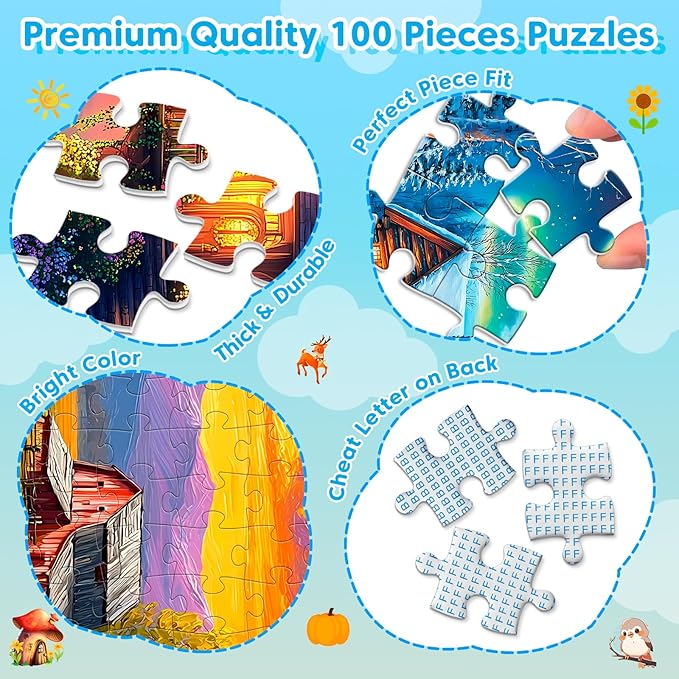 4 Packs 100 Piece Puzzles for Adults, 4 Themed Large Piece Puzzles for Seniors Jigsaw Puzzles for Kids Ages 6-8 8-10 Learning Educational Toys for Boys and Girls