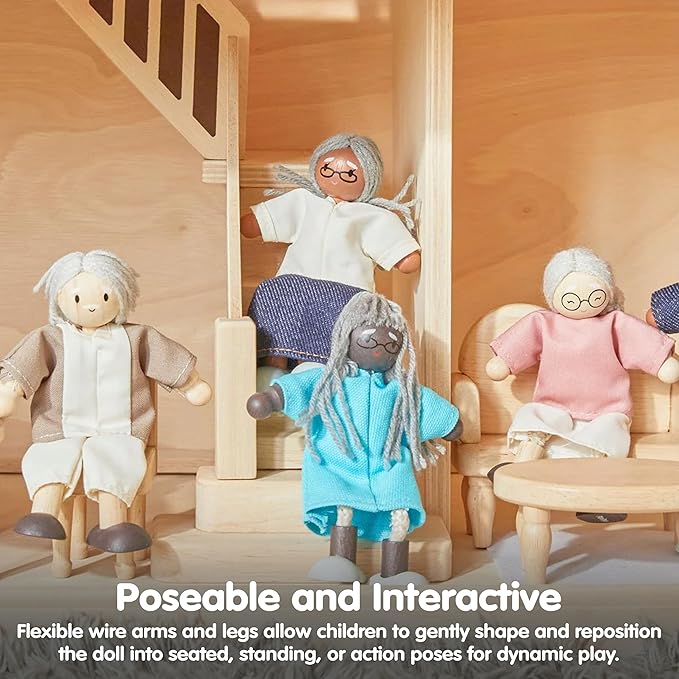 PlanToys® Grandmother Wooden Dollhouse Figurine | Poseable 1:12 Scale Mini Doll (5 Inch) | Dollhouse Accessories for Pretend Play | Eco-Friendly Montessori Toy for Kids Ages 3+