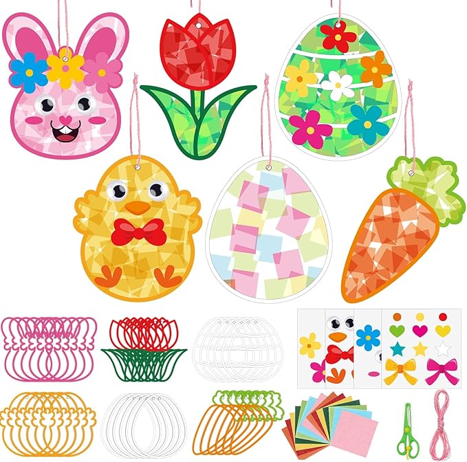 24 Pack Easter Suncatcher Craft Kit Easter Window Art Kit Bunny Carrot Egg Crafts Window DIY Tissue Paper Suncatcher Decoration Ornament for Classroom Art Party Favor Supplies