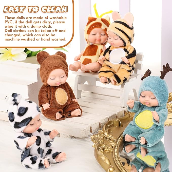 Hanaive 10 Pcs 4 Inch Mini Baby Dolls Lifelike Realistic Tiny Baby Dolls with Animal Clothes Cute Infant Figurine Gifts Set for Toddlers Girls Kids 3+ Easter Graduation Birthday(Lovely Style)