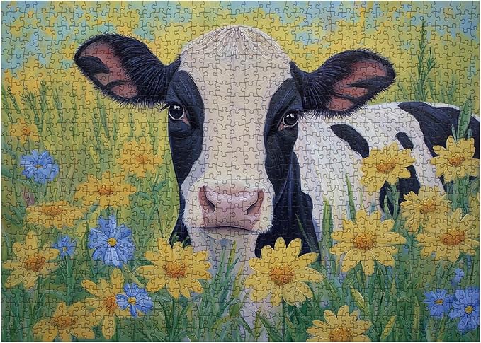 Sunflower Cow Painting Jigsaw Puzzle 1000 Piece for Adult, Animal Flower Plant Nature Jigsaw Puzzles, Funny Art Beautiful Landscape Puzzle