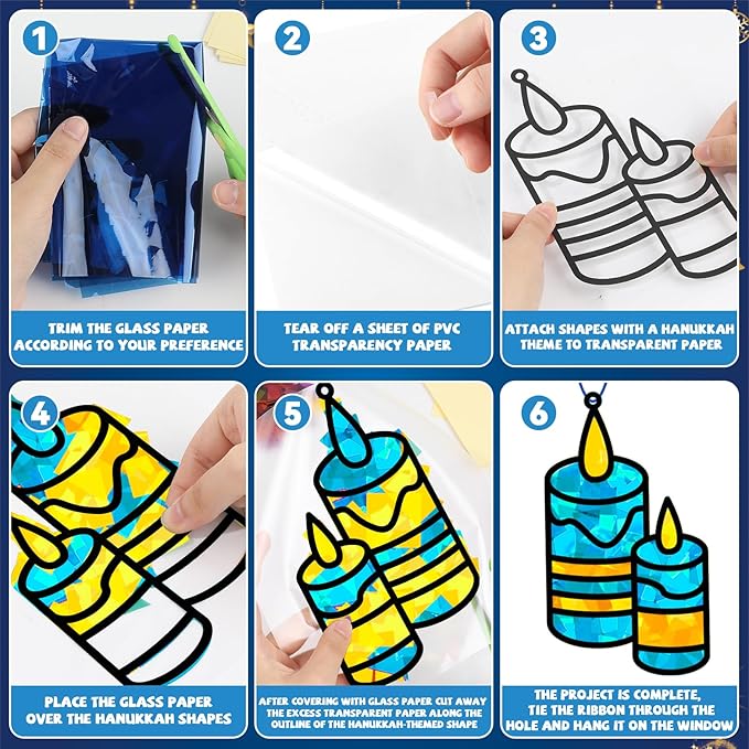 QOUBAI 32 Sets Hanukkah Suncatchers Craft Kit DIY Window Stained Glass Effect Chanukkah Paper Crafts for Home School Classroom Decoration Kid Birthday Gift Creative Art Project Activity Game