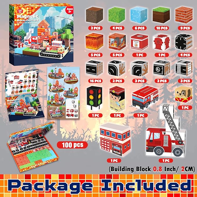 Goody King Magnetic Blocks|100PCS Fire Truck Magnetic Building Cube Game,Constructions Toys for Boys & Girls Age 3-4,5-8 9 10,STEM Montessori Stacking Toy,Sensory Tiles Building Easter for Toddlers