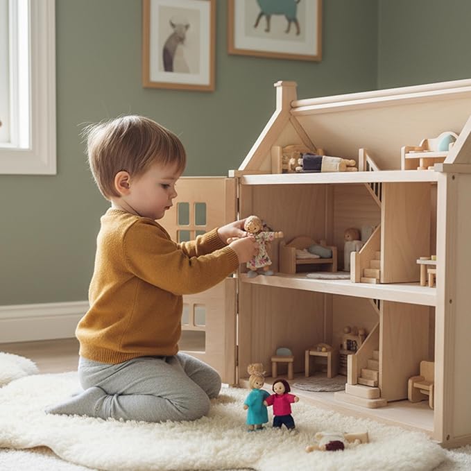 PlanToys® Family Wooden Dollhouse Figurine Set | 4 Poseable 1:12 Scale Mini Dolls (Parents & Kids) | Dollhouse Accessories for Pretend Play | Eco-Friendly Montessori Toy for Kids Ages 3+
