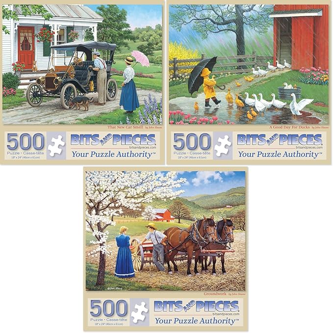 Bits and Pieces – Value Set of Three 500 Piece Jigsaw Puzzles for Adults – That New Car Smell, A Good Day for Ducks, Groundwork Jigsaw Puzzles by Artist John Sloane, Completed Puzzle Size: 18" x 24"