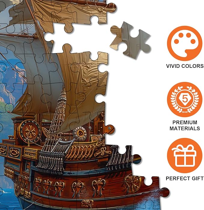 Golden Galleon Sailing Ship Jigsaw Puzzle for Adults 1000 Pieces - Tropical Island Coast Adventure Scene, 28”x20” Panoramic, Lettered Back, Premium Nautical Home Decor & Pirate Gift