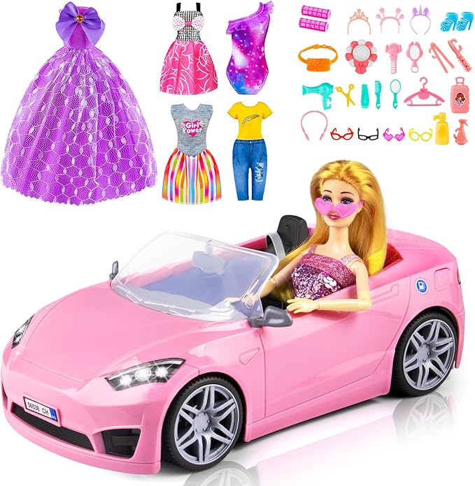 76 Pcs Doll & Convertible Car Playset,Included 11.5 in Dol-l,Car,Princess Dresses,Fashion Dresses,Casual Clothing,Swimsuits,Bags,Shoes,Doll Playset,Doll Dress up Toys for Girls Kids Toddlers Gifts
