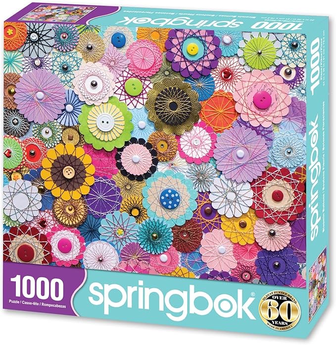 Springbok's Bloomin Buttons 1000 Piece Jigsaw Puzzle for Adults by Artist Linda Stewart Features a Photo of a Floral Composition Made from Buttons and Paper