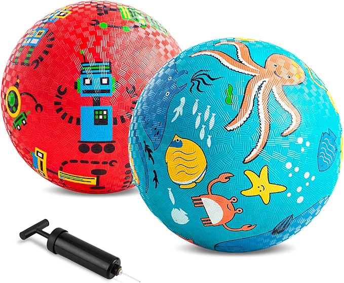 ZOOJOY Pack of 2 Cartoon Playground Balls, Balls for Kids 3+, 8.5" Rubber Balls for Dodgeball, Non-Slip Rubber Bouncy Kickball Set, Indoor & Outdoor Game Toys for Boys Girls with Pump