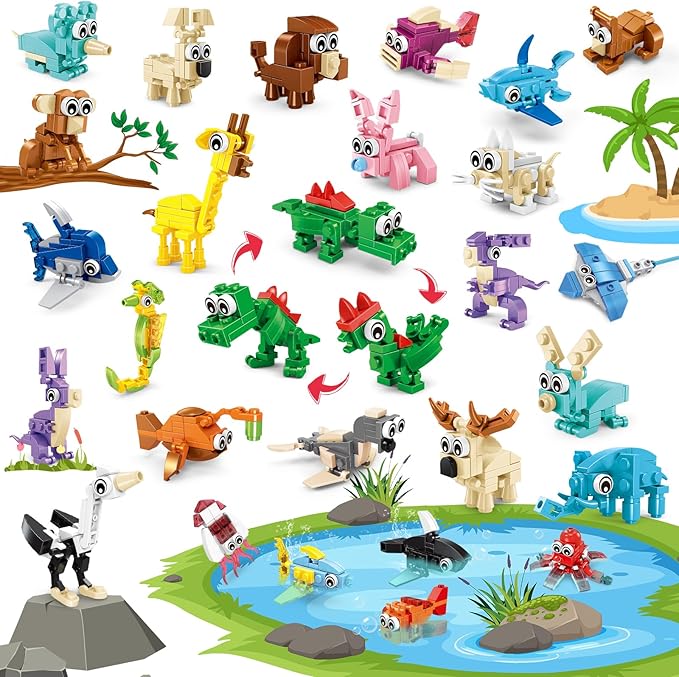 24 Pcs Animal Building Sets 24 Packs Valentines Party Favors For Kids, 72 Kinds of Transformable Building Block Toy, Goodie Bag Stuffers, Classroom Student Prizes Birthday Gifts for Kid Age 6+