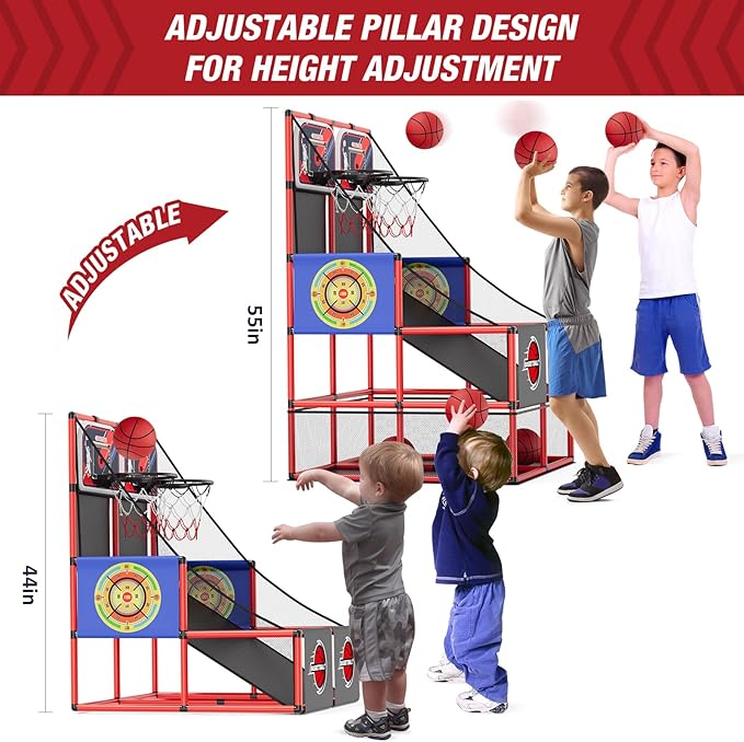 2 in 1 Dual Shot Basketball Arcade Game with 2 Dart Boards/Electronic Scoreboard/LED Light, Kids Basketball Hoop for Home Indoor Outdoor, Sport Toys for Boys Girls