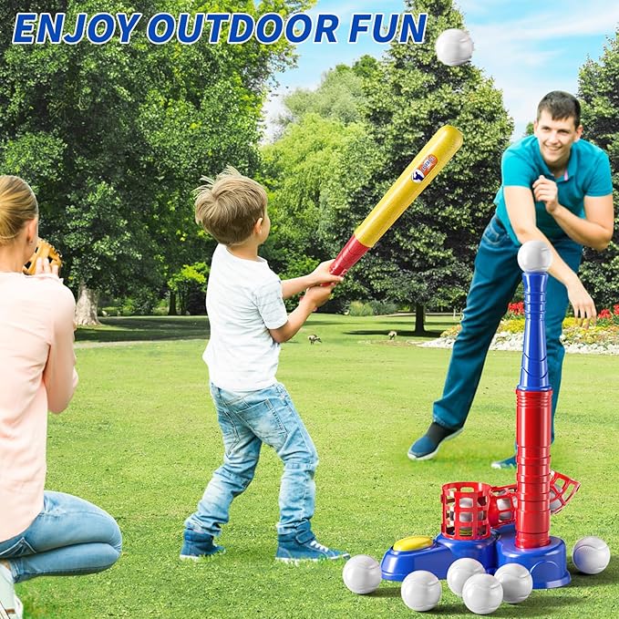 2 in 1 T Ball Sets for Kids 3-5,Tee Ball Set with 10 Balls,Step on Pitching Machine,Teeball Batting Tee,Baseball Toys Outdoor/Indoor Sport Toys Gift for 3 4 5 6 7 8 Year Old Kids Boys Girls
