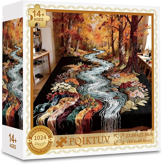 1024 Piece Jigsaw Puzzle for Adults, Embroidery Autumn Stream Landscape, Impossible Puzzle for Family Game Night, Decorative Wall Art Gift for Nature & Craft Lovers, 23.86 x 23.86 Inches
