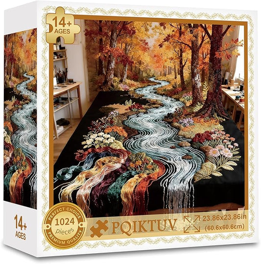 1024 Piece Jigsaw Puzzle for Adults, Embroidery Autumn Stream Landscape, Impossible Puzzle for Family Game Night, Decorative Wall Art Gift for Nature & Craft Lovers, 23.86 x 23.86 Inches