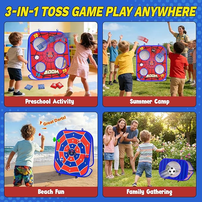 Spider Bean Bag Toss Game, 3-1 Cornhole Board Outdoor Toys for Kids, Family Party Activity Toddler Yard Backyard Beach Lawn Party Camping Game Toys for 3 4 5 6 7 8 Year Old Boys Girls Birthday Gift