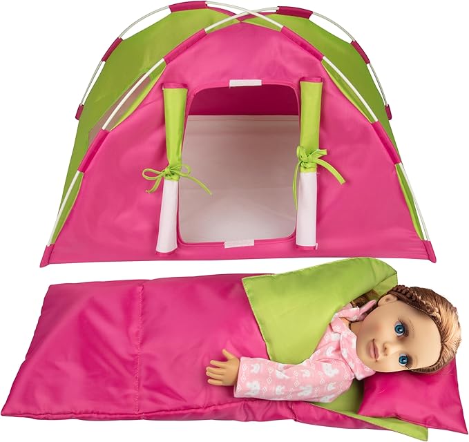 Dress Along Dolly Doll Camping Bed Tent w Sleeping Bag & Pillow - Premium Handmade Furniture Accessories for 18" Dolls - Large Sized -23"x 15"x14"