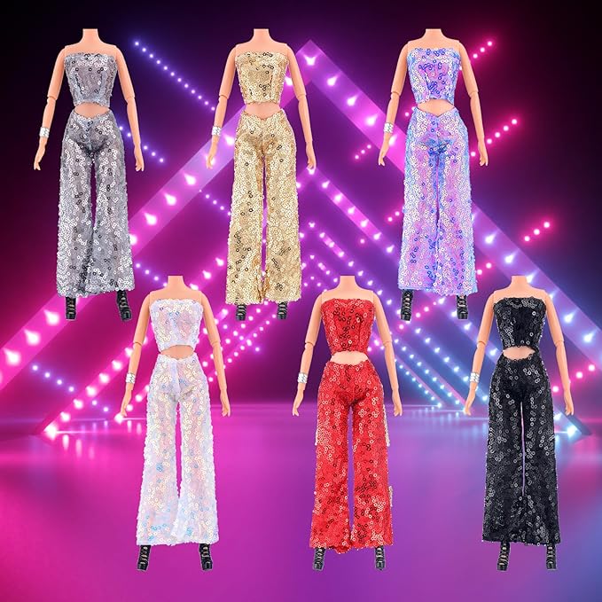 Bencailor 6 Pcs Doll Clothes for 11.8 Inch Doll Clothing Outfit Accessories Winter Coat Tops Swimwear T Shirt Dress Outfit Birthday Gift(Sequin Style,Metallic Color)