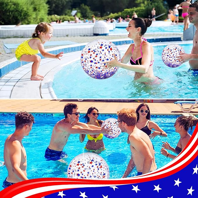 TURNMEON 5 Pack American Flag Beach Balls 24 Inch & 16 Inch Patriotic Pool Toys, Red White Blue Star Confetti Glitter Inflatable Clear Balls for 4th of July Independence Day Pool Parties
