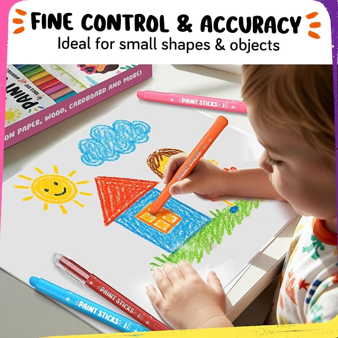 24 Thin Tempera Paint Sticks for Kids Washable (Coloring Book incl) | Non-Toxic Markers for Toddlers 1-3 | Works on Paper, Canvas, Wood, Cardboard - Painting Crayons, Art and Craft Supplies