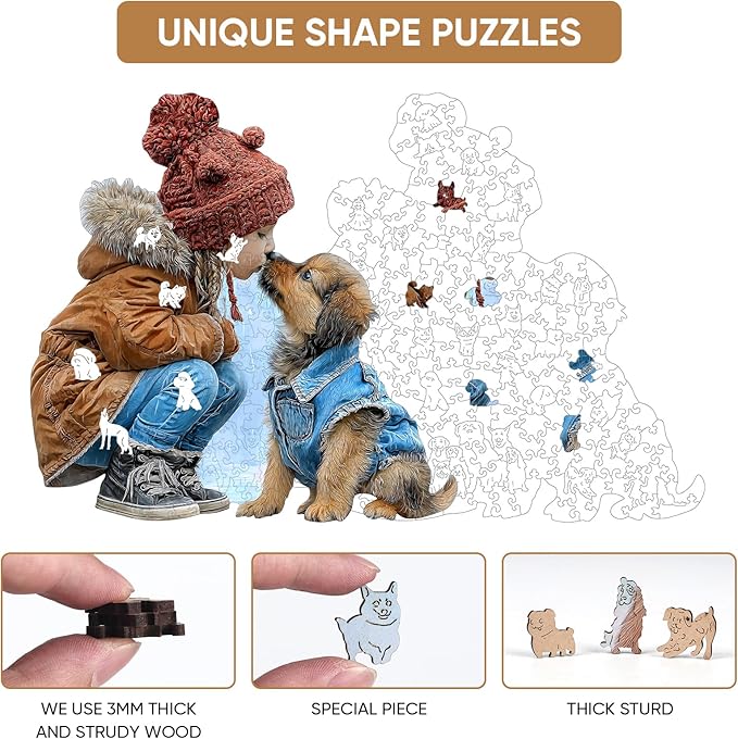MEATRN Wooden Puzzles for Adults - Little Girl Kissing Puppy, 216 Pcs, 11.4x11.4 in, Cute Animal Wood Jigsaw Puzzle, Heartwarming Parent-Child Game, Birthday Gift for Kids Home Décor