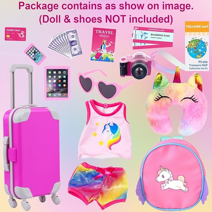 UNICORN ELEMENT 23 Pcs 18 Inch Girl Doll Accessories Suitcase Travel Set Including Clothes Suitcase Backpack Camera Tablet Cell Phone Neck Pillow Sunglasses and Other Travel Set